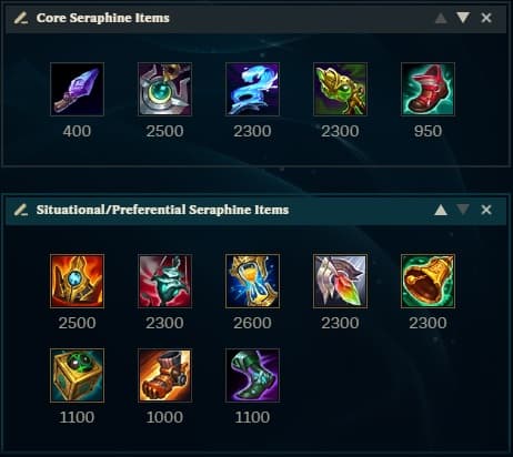 An item build for LoL champion Seraphine, with core items in one box and situational/preferential items in another.