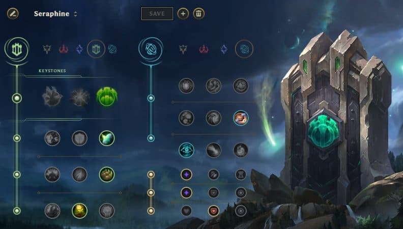 An in-client screenshot of an LoL rune page for Seraphine, with the Keystone Guardian selected with the Resolve tree primary and Inspiration tree secondary.