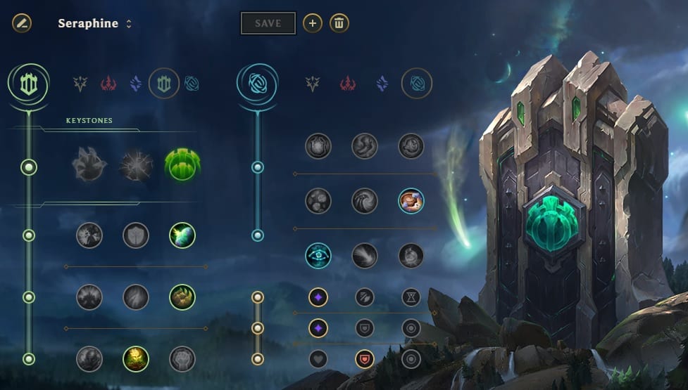 An in-client screenshot of an LoL rune page for Seraphine, with the Keystone Guardian selected with the Resolve tree primary and Inspiration tree secondary.