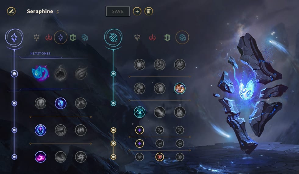 An in-client screenshot of a rune page for LoL champion Seraphine, with the Summon Aery Keystone selected with the Sorcery tree primary and Inspiration tree secondary.