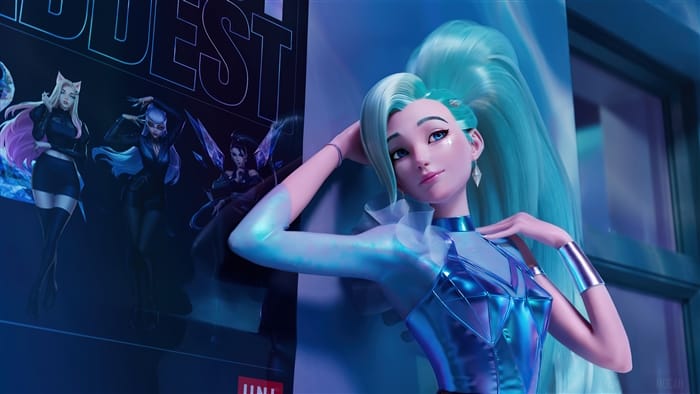 LoL champion Seraphine leans back against a wall in her KD/A All Out outfit next to a KD/A poster.