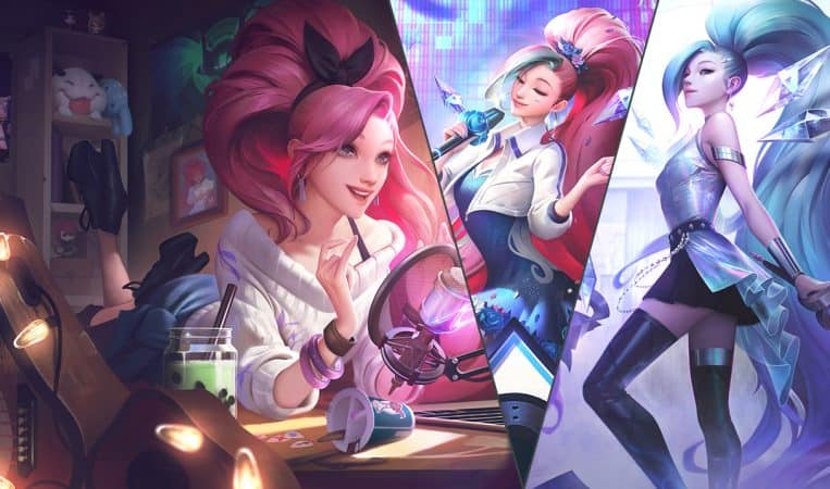 Three images of LoL champion Seraphine are merged together, with the largest showing her in a studio, the second with her performing on stage, and the third with her posing confidently.