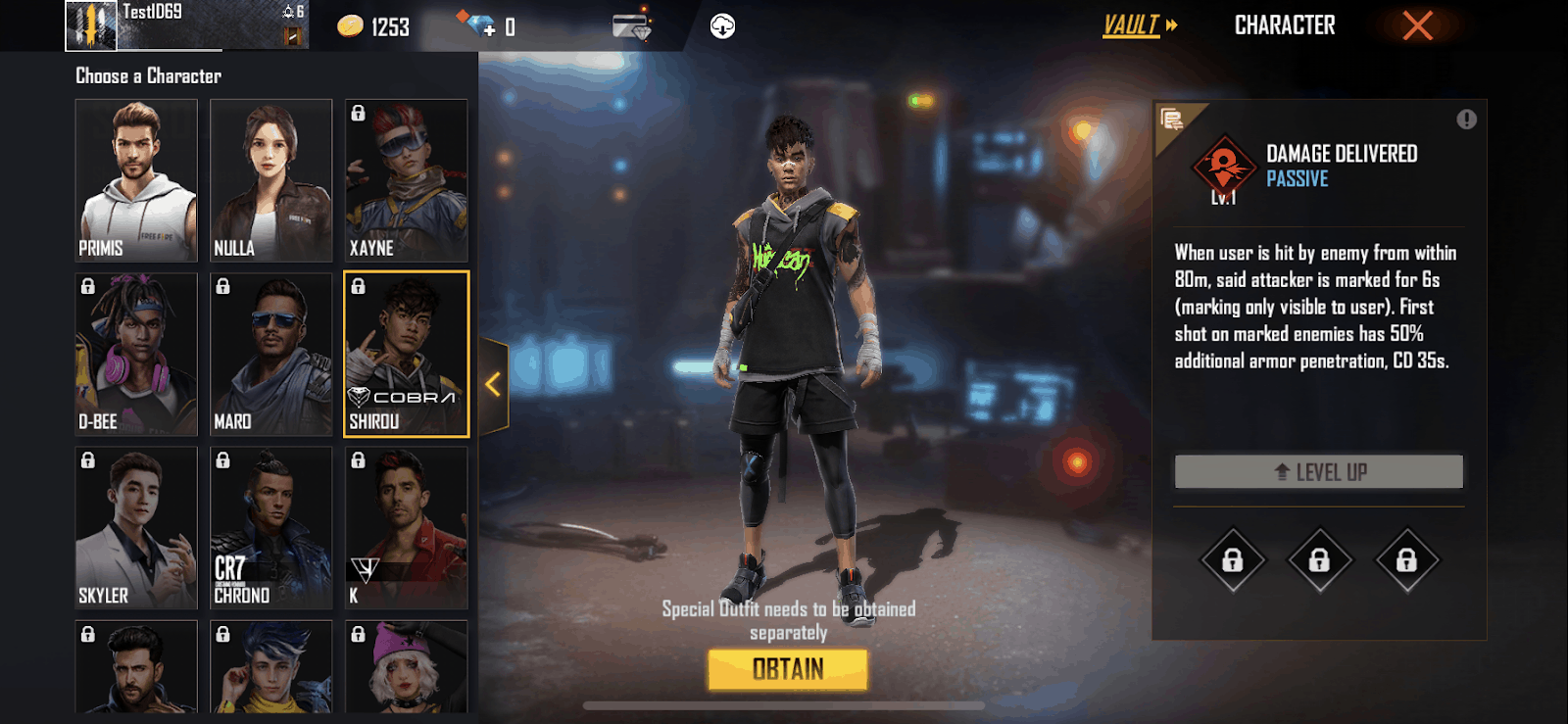 Shirou from Garena Free Fire is shown in the in-game store with a list of other characters on one side and their ability description on the other.