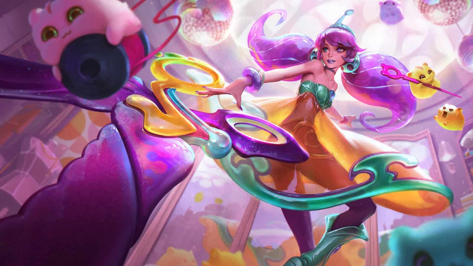 The splash art for League of Legends' Space Groove Gwen, showing the champion in a pink futuristic hall.