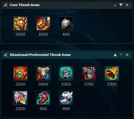 An in-client item build for LoL champion Thresh, with one box for Core items and the other for Situational/Preferential Items.