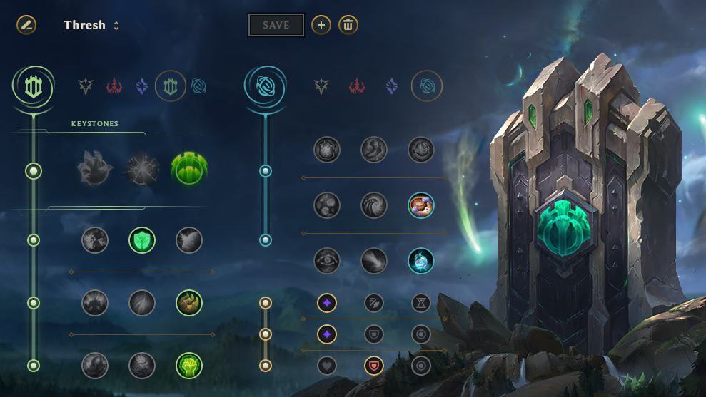 A rune page for League of Legends champion Thresh. Resolve is taken as the Primary tree with the Guardian keystone and Inspiration as the Secondary tree.