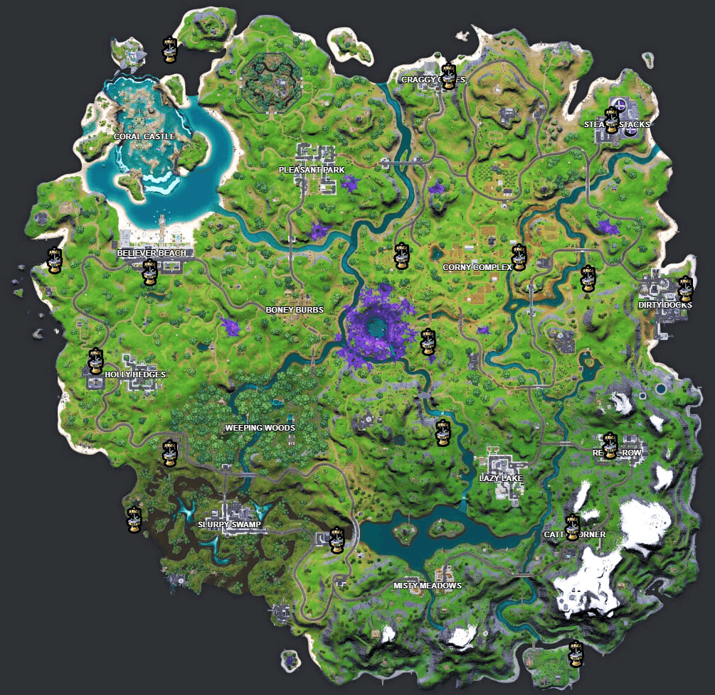 The Fortnite Chapter 2 Season 7 map is shown with locations highlighted where Upgrade Benches are.