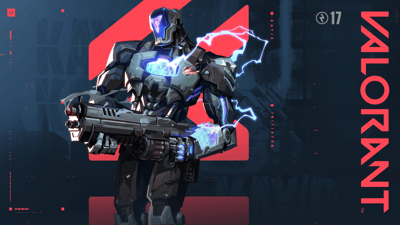 Valorant agent KAY/O holds a rifle at its hip with the Valorant logo in red on a dark background.