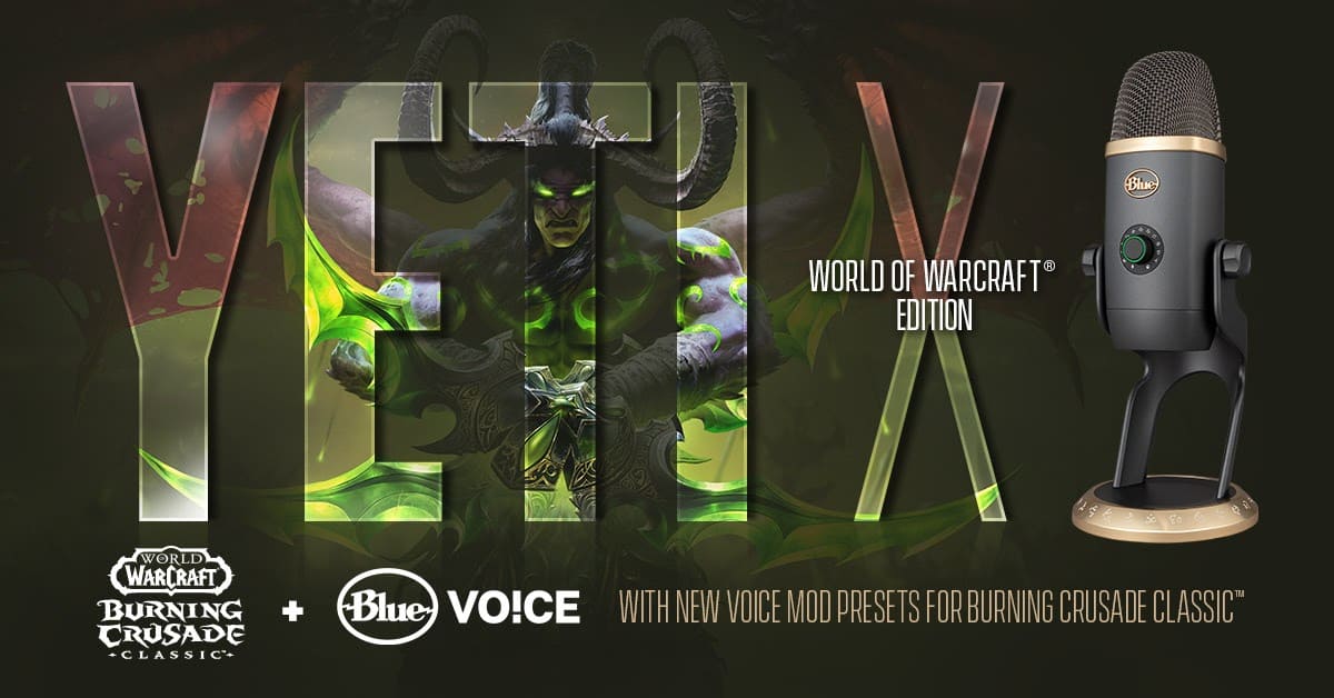 The word "Yeti" appears in transparent letters with a WoW demon character behind it with a Blue Yeti mic next to it.