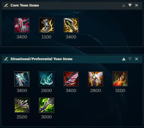 An item page for LoL champion Yone, with Core items in one box and Situational/Preferential Items in another.