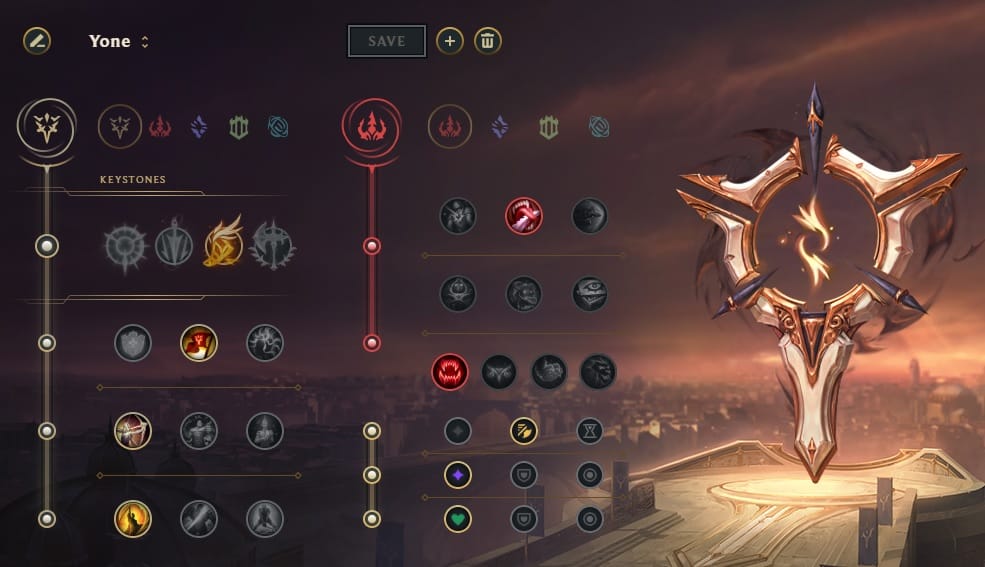A rune page for LoL champion Yone, with the Precision tree as the primary one with Fleet Footwork chosen and Domination as the secondary tree.