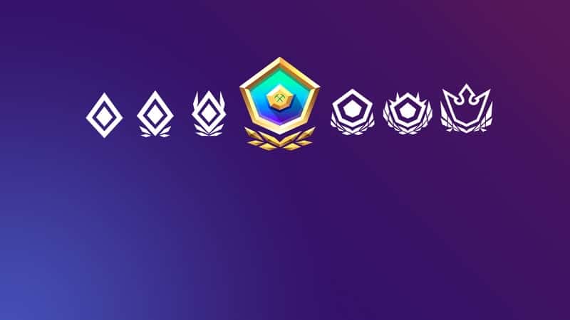 A line of emblems for Fortnite's Arena Mode are pictured with one colored brightly on a purple background