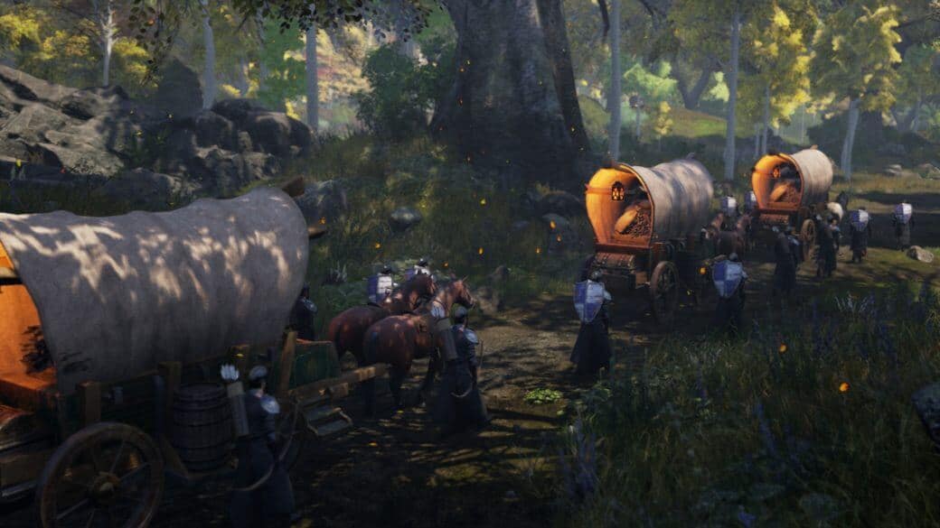 An in-game screenshot from Ashes of Creation showing a caravan of wagons traveling through the forest escorted by a troop of soldiers.