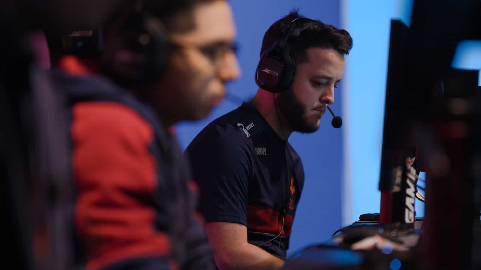 Matthew "Skrapz" Marshall looks down at his keyboard during a live game of Call of Duty