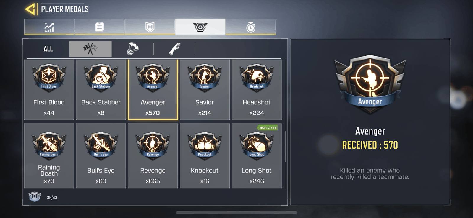 The player medals screen in Call of Duty Mobile showing the Avenger Medal, a small black shield with a white silhouette of a man inside the crosshairs of a sniper's scope
