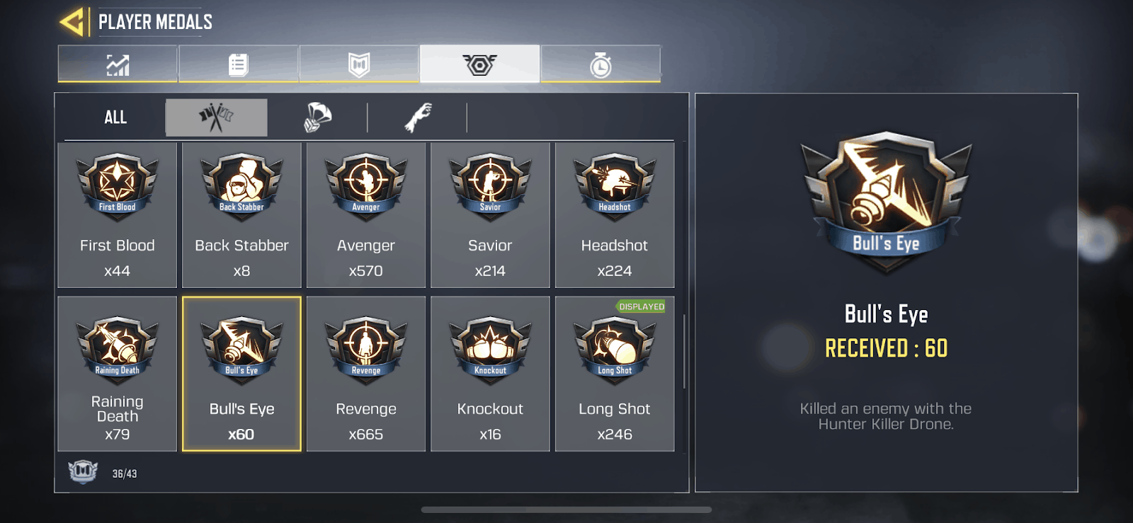 The player medals screen in Call of Duty Mobile showing the Bull's Eye Medal, a small black shield with a white silhouette of the hunter killer drone in flight inside it 