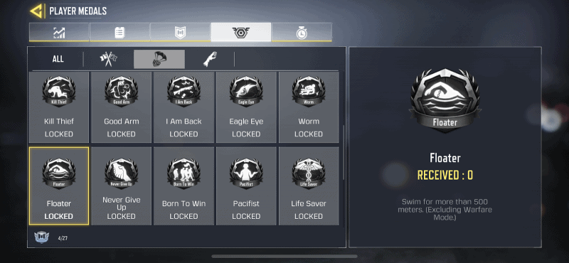 The player medals screen in Call of Duty Mobile showing the Floater Medal, a small black shield with a white silhouette of a man swimming through waves inside