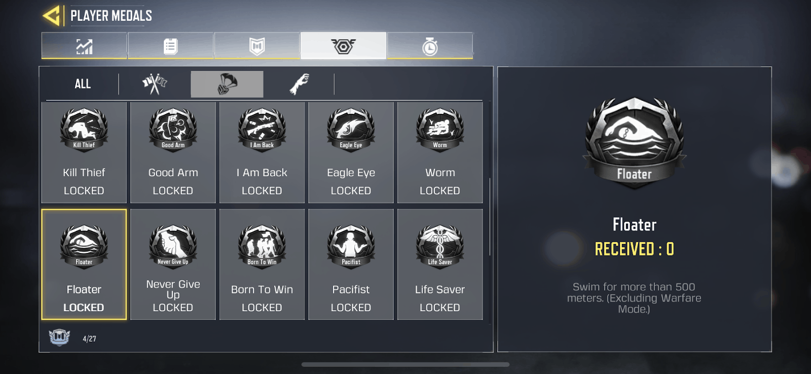 The player medals screen in Call of Duty Mobile showing the Floater Medal, a small black shield with a white silhouette of a man swimming through waves inside