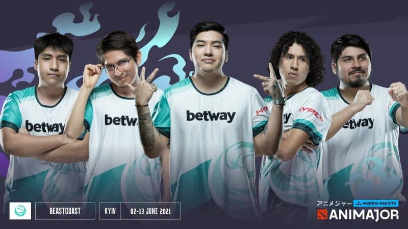 The roster for Beastcoast pose in front of their team logo, the Dota 2 WePlay Esports AniMajor logo appears at the bottom of the image