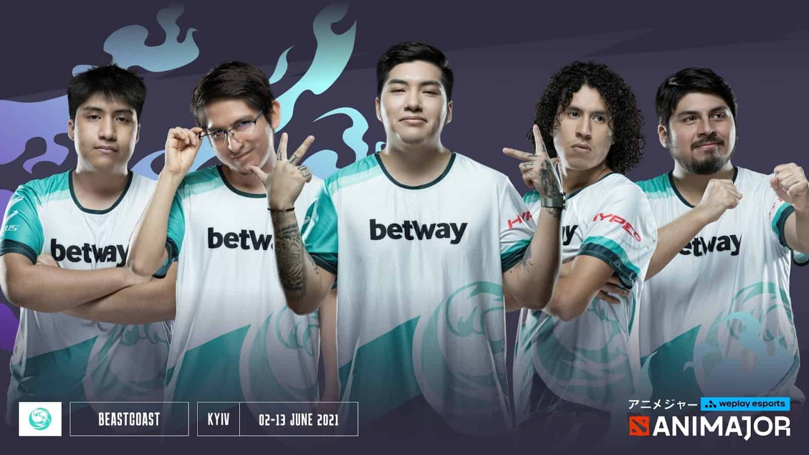 The roster for Beastcoast pose in front of their team logo, the Dota 2 WePlay Esports AniMajor logo appears at the bottom of the image