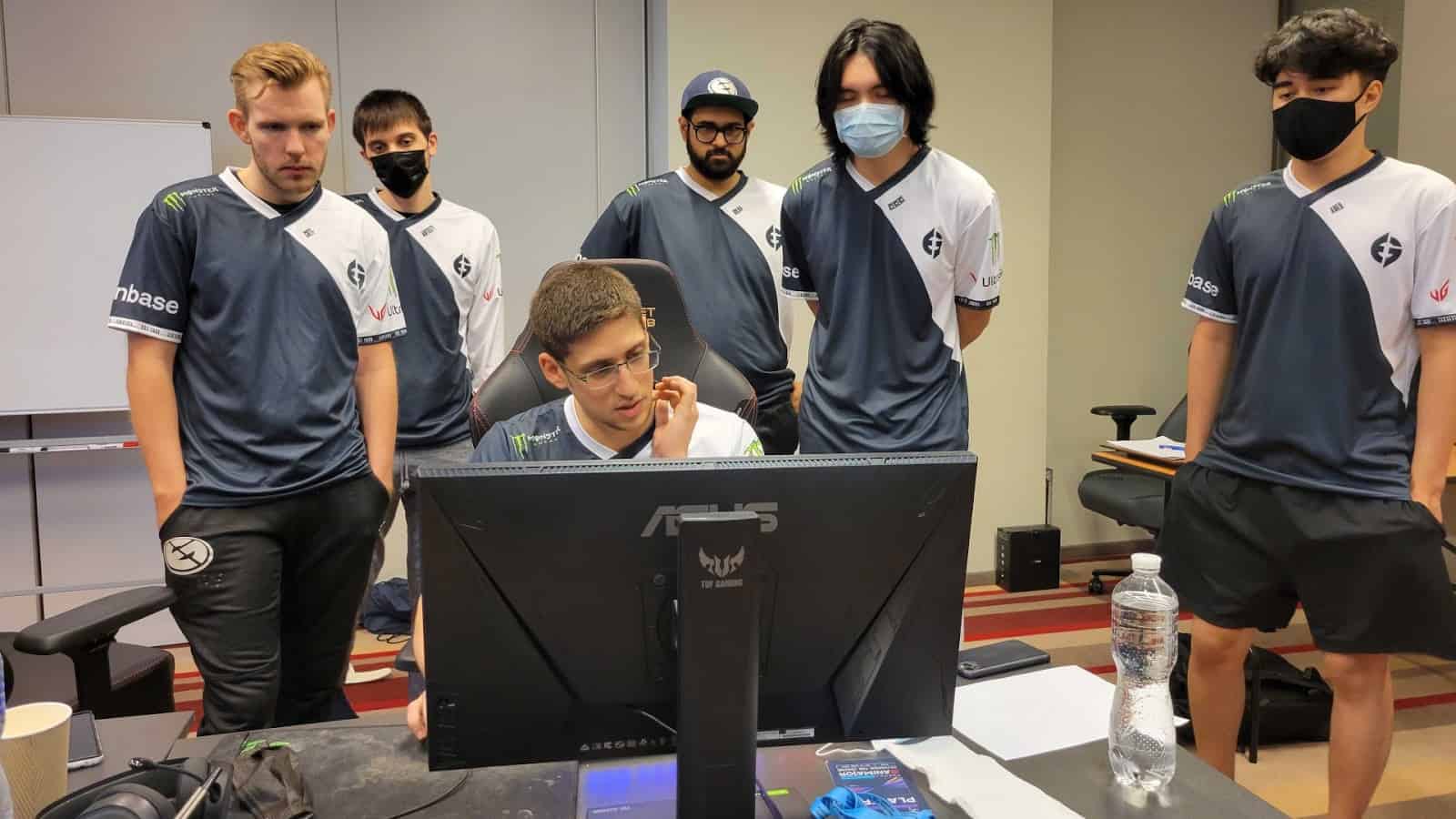 The roster for Evil Geniuses watch the monitor as the draft is decided ahead of a live game at the Dota 2 WePlay AniMajor