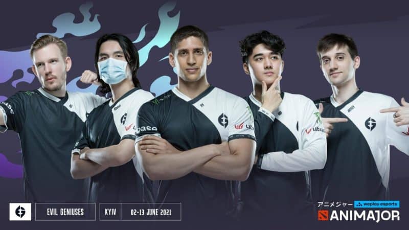The roster for Evil Geniuses pose in their team jerseys in front of a dark background with a flame pattern. the Dota 2 WePlay Esports AniMajor logo appears at the bottom of the image