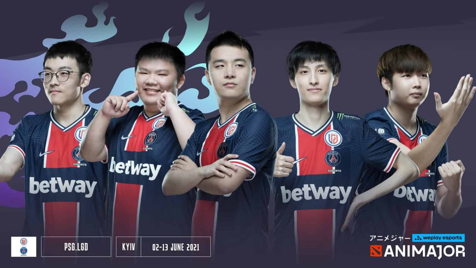 The roster for LGD pose in their team jerseys in front of a dark background with a flame pattern. the Dota 2 WePlay Esports AniMajor logo appears at the bottom of the image