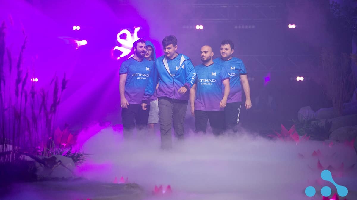 The roster for Team Nigma walk onto the stage at the WePlay Esports AniMajor in Kyiv