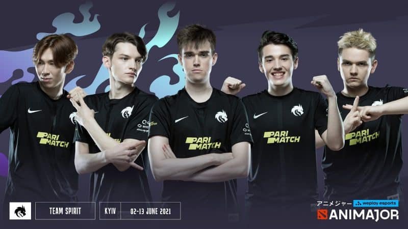 The roster for Team Spirit pose in their team jerseys in front of a dark blue background patterned with flames. the Dota 2 WePlay Esports AniMajor logo appears at the bottom of the image