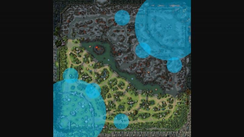 An overview of a Dota 2 map with critical locations for defense marked by blue circles