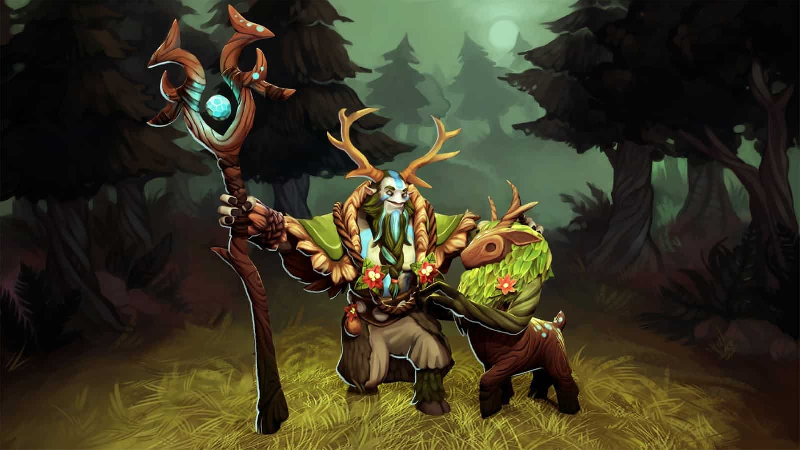 The hero Nature's Prophet plays with a young fawn in the forest, his magical wooden staff held in one hand 