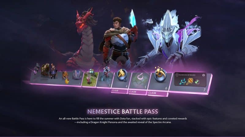 The in-game screen announcing the arrival of the Nemistice Battlepass, featuring some of the rewards including the Davion Persona and Spectre's Arcana