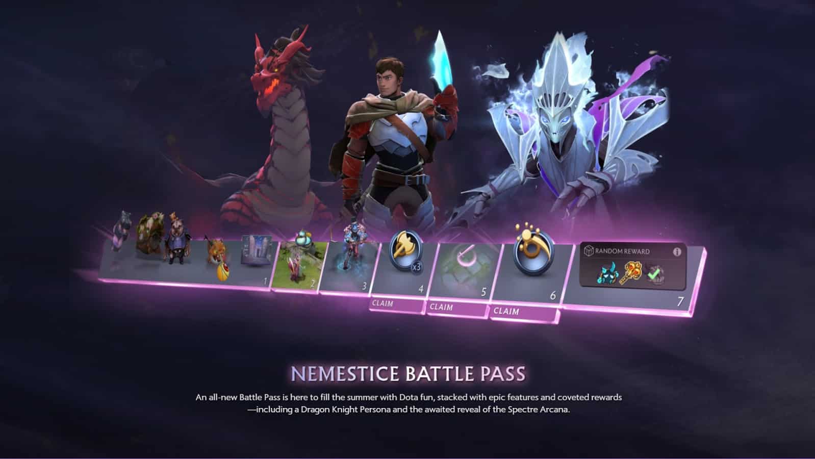 The in-game screen announcing the arrival of the Nemistice Battlepass, featuring some of the rewards including the Davion Persona and Spectre's Arcana