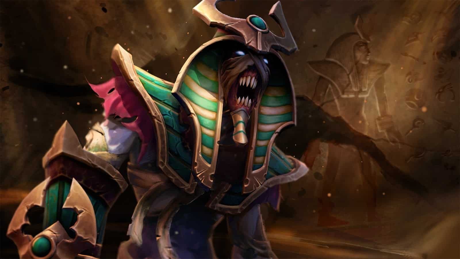 The zombie hero, Undying, wearing the Egyptian inspired Dirgeful Overlord set, gnashes his teeth at an enemy.