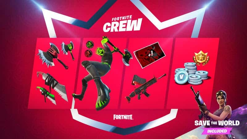 All of the Deimos cosmetic Fortnite crew cosmetics appear in boxes with a crown outline behind the boxes.