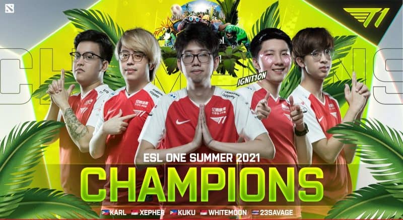 The roster for T1 stands infront of a bright yellow background decorated with palm trees and tropical plants. The words "ESL One Summer 2021 Champions" appear beneath them in bold yellow and white letters