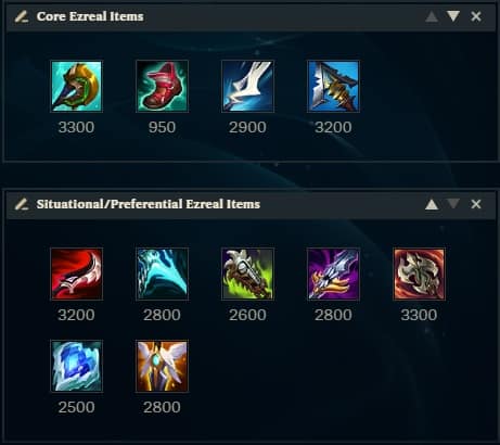 An in-client item build for Ezreal in the LoL client. It shows a variety of LoL items in two boxes, one labeled "Core Ezreal Items" and the other named "Situational/Preferential Ezreal Items."