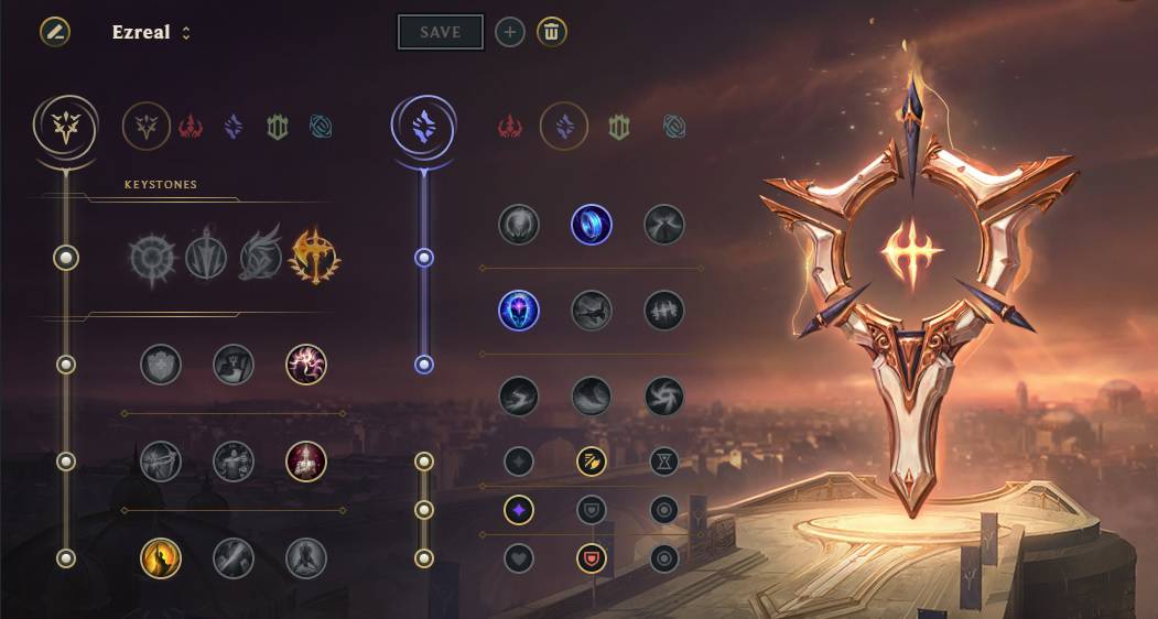 A rune page for Ezreal is showing in the League of Legends client, showing selections in the Precision and Sorcery trees with Conqueror as the keystone.