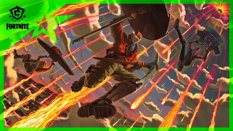 Fortnite characters float down to the ground with different devices including umbrellas and gliders, around them the sky is raining with meteors. The FNCS logo appears in the top corner of the image