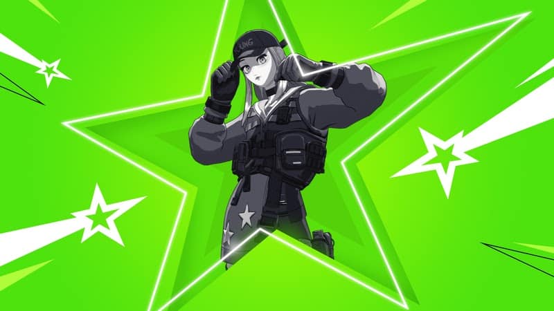A black and white illustration of the Fortnite character skin, Chigusa, tilting the brim of her baseball cap, sits against a lime green background. A white outline of a star surrounds her.