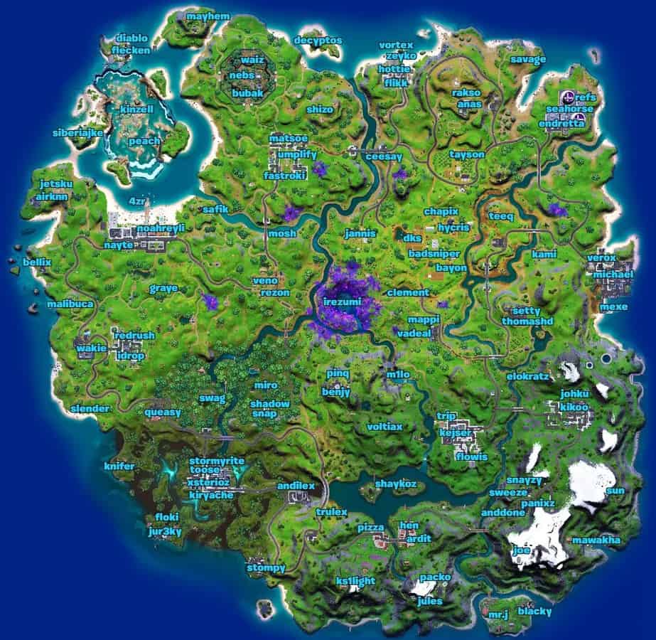 The drop map for the EU East All-Star Showdown Solo Championship, showing where each player will begin their run