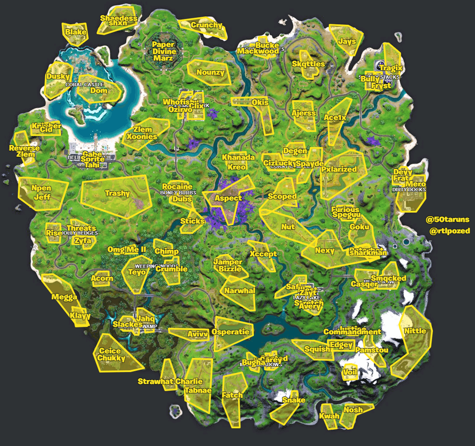 The drop map for the NA East All-Star Showdown Solo Championship, showing where each player will begin their run