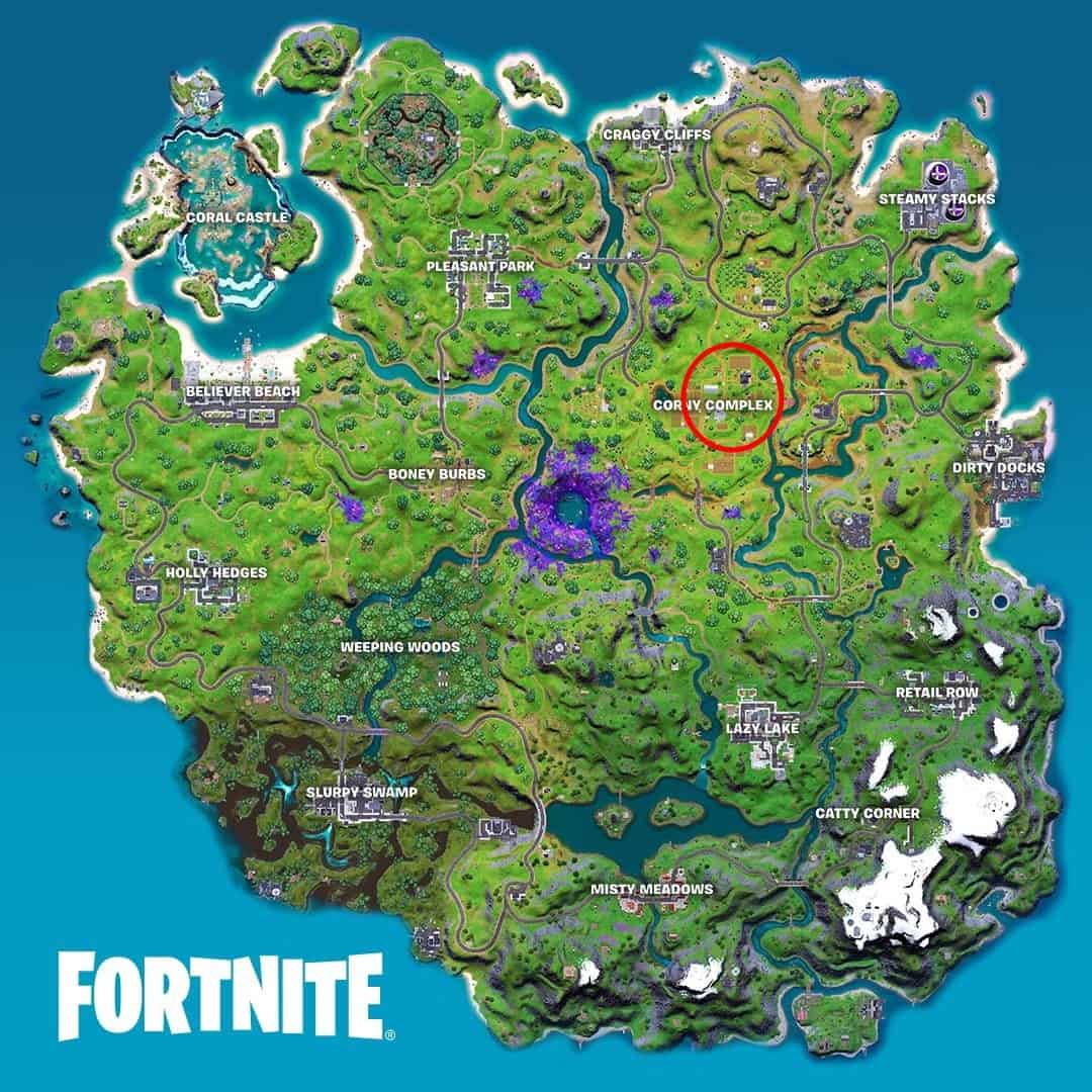 A screen grab of the Fortnite map showing the location of the Mythic Pulse Rifle, Corny Complex, circled in red