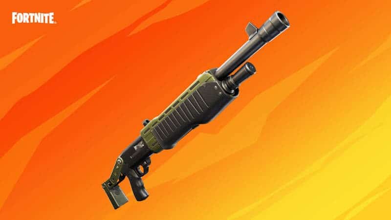 The Pump shotgun available in Fortnite, a black and army green pump action shotgun sits against an orange background