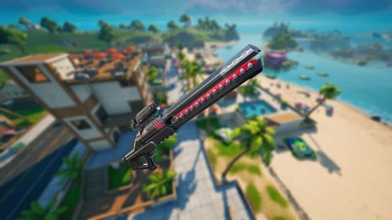 The new Rail Gun available in Fortnite, a metallic black gun with a bright red glow emitting from the middle of the two charged rails