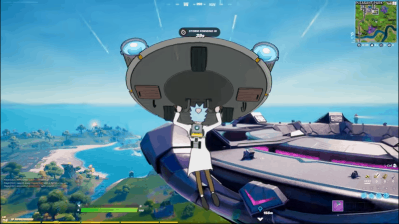 Rick Sanchez hangs off the bottom of one of the small, grey Abductor UFOs to hitch a ride to the Mothership