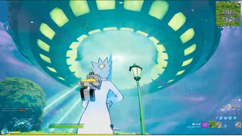 The Mothership pulses with bright green lights as it sends down the tractor beam to capture Rick