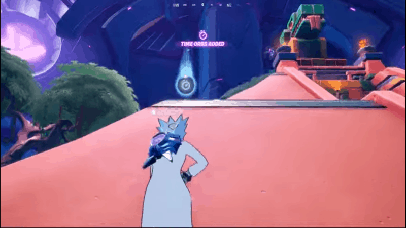 Rick Sanchez runs through the alien, pink and purple body of the Mothership grabbing timers to extend their stay aboard
