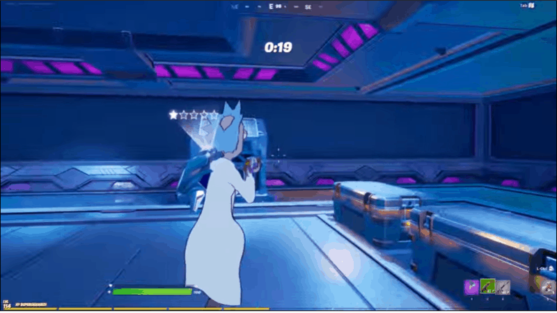 Rick Sanchez looting weapons in the Vault Room, a sleek, metallic room filled with loot chests and purple neon lights