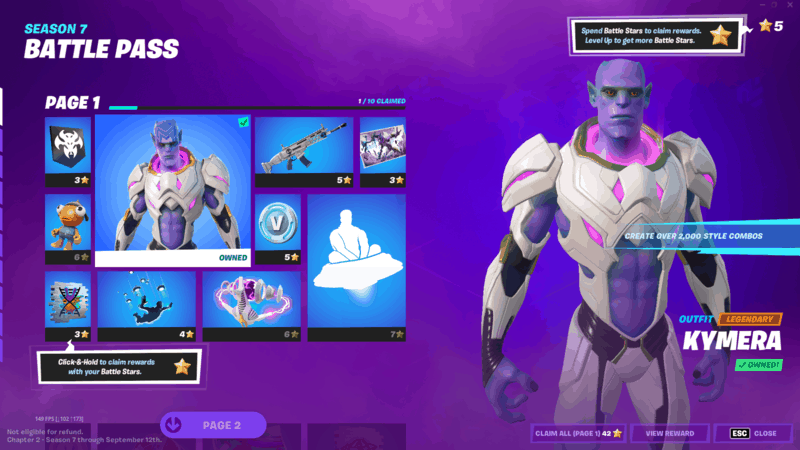 The new Fortnite Season 7 Battle Pass skin, Kymera, featuring a purple humanoid alien with pink and white mecha armor